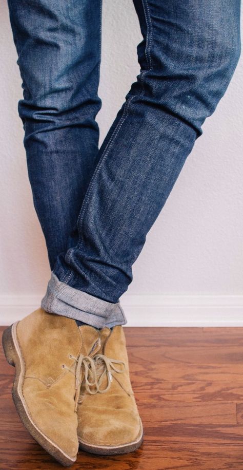 Tan Suede Shoes Men Outfit, Tan Chukka Boots Men Outfit, Clark Desert Boots, Chukka Boots Outfit, Boots And Jeans Men, Mid Wash Jeans, Boots With Jeans, Boots Men Outfit, Boots Outfit Men