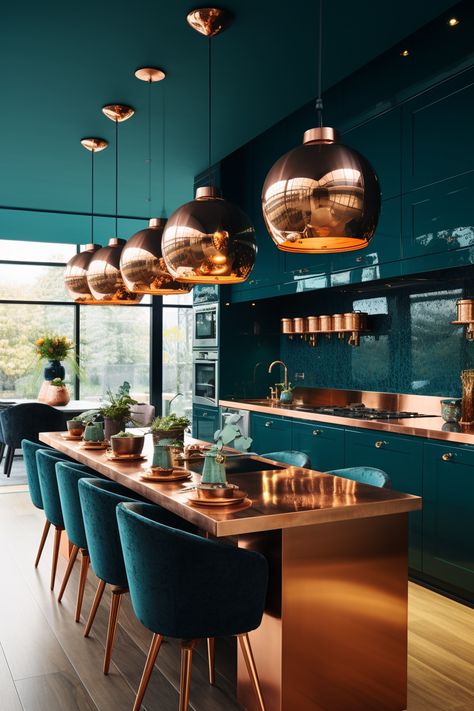 Copper In Interior Design, Kitchen By The Sea, Kitchen Decor Ideas Themes, Kitchen Inspo Color Schemes, Luxury Kitchen Dining Room, Blue House Interior, Dark Teal Kitchen, Copper Interior Design, Art Deco Kitchen Ideas