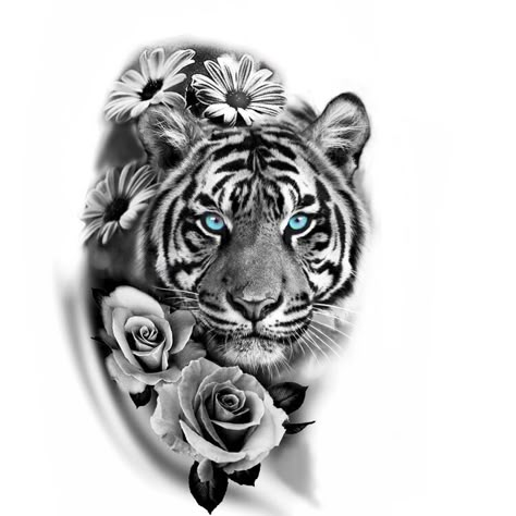 White Tiger Hip Tattoo, Tiger Tattoo With Roses, Tiger With Flowers Tattoo Design, White Tiger Tattoo Design, Tiger Tattoo Cover Up, Tiger And Flowers Tattoo Design, Tiger With Roses Tattoo, White Tiger Tattoo For Women, Tiger And Flower Tattoo