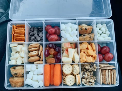 Cheap tackle box, fill with bite size snacks. Reduces all the gas station snack expenses, and the kids LOVE it. Tackle Box Snacks Airplane, Snackle Box For Toddler, Snack Tackle Box For Kids, Snack Tackle Box For Adults, Snackle Box Ideas Airplane, Tacklebox Snacks, Toddler Snack Station, Tackle Box Snacks, Kids Snack Station