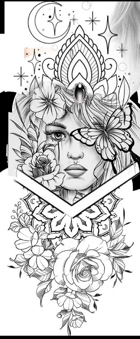 Women Leg Sleeve Tattoo Ideas Color, Lady Face Mandala Tattoo, Girly Mandala Tattoo, Leg Sleeve Drawing, Chicana Tattoos For Women Sleeve, Strong Women Tattoos Ideas Inspiration, Floral Garden Tattoo, Half A Sleeve Tattoo For Women, Tattoo Drawings For Women Half Sleeves