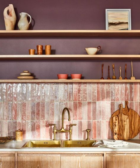 Cabinet Trends, Kitchen Cabinet Trends, Purple Kitchen, Real Kitchen, Pink Tiles, Oak Kitchen, Kitchen Tiles, Dream House Decor, Aged Brass