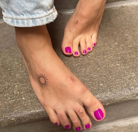 Mini Leg Tattoos Women, Tattoos On Foot, Dainty Water Tattoos, Boho Foot Tattoo, Aquarius Ankle Tattoo, Pisces Ankle Tattoo, Dainty Aquarius Tattoo, Feet Tatoos Woman, Foot Ankle Tattoo