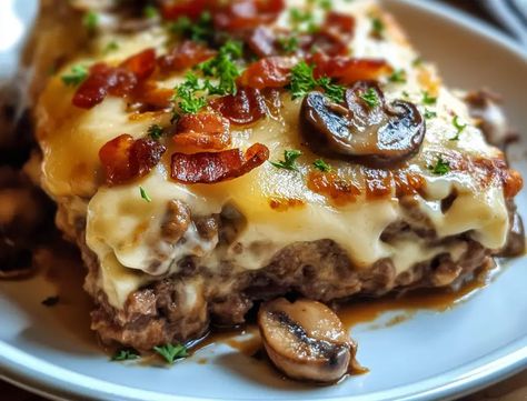 Mushroom And Swiss Burger Casserole, Mushroom Swiss Meatloaf Recipes, Bacon Swiss Cheese Meatloaf, Mushroom Bacon Swiss Meatloaf, Bacon Swiss Meatloaf, Bacon Swiss Mushroom Meatloaf, Hamburger Mushroom Casserole, Mushroom Bacon Swiss Meatloaf Casserole, Bacon Mushroom Meatloaf