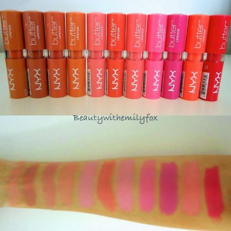 Beautywithemilyfox: NYX Butter Lipsticks Collection, Review and Lip Swatches - ALL 22 Shades Nyx Butter Lipstick Swatches, Nyx Swatches, Nyx Butter Lipstick, A Good Skincare Routine, Good Skincare Routine, Pop Lipstick, Nars Sheer Glow, Good Skincare, Revlon Color