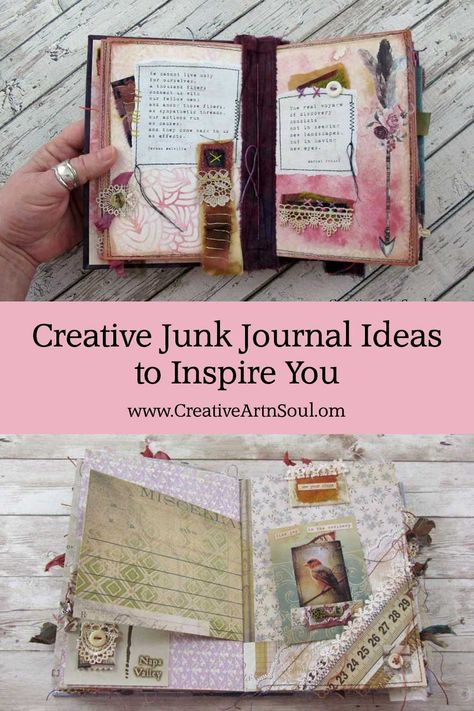 5 Creative Junk Journal Ideas To Inspire You > Creative ArtnSoul Useful Journal Ideas, Scrapbook Journal Ideas Creative Simple, Small Junk Journal Ideas, Unique Journal Pages, Uses For Journals, Creative Junk Journal Ideas, Altered Journals Ideas, Scrapbook Journal Pages Ideas, Ideas For Junk Journal Pages