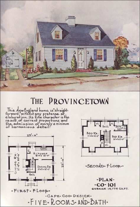 Tiny Cape Cod - Center Hall - Mid Century Cottage Style - Nationwide House Plan Service - The Provincetown Cape Cod Cottage Plans, Cape House Floor Plans, 1950 House Plans, Tiny Cape Cod House, Vintage House Floor Plans, 50s Style House, Small Cape Cod House Plans, Cape Cod Layout, 1970s House Plans