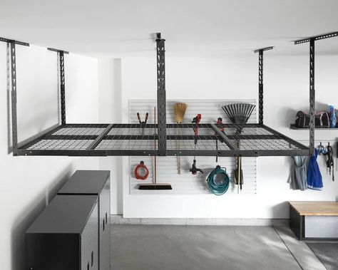 Ceiling Storage Rack, Overhead Storage Rack, Garage Ceiling Storage, Wall Mount Bike Rack, Garage Storage Inspiration, Overhead Garage Storage, Garage Storage Racks, Overhead Garage, Small Garage