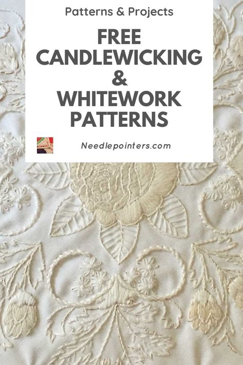 Free Projects and Patterns for Candlewicking & Whitework | Needlepointers.com Candlewicking Patterns Free Design, Candle Wicking Embroidery Candlewicking Patterns Free Images, Candle Wicking Patterns, Candle Wicking Embroidery, Beehive Embroidery, Candlewicking Patterns Free, Hand Embroidery Designs Free, Blanket Embroidery Design, Embroidery Patterns Vintage Free