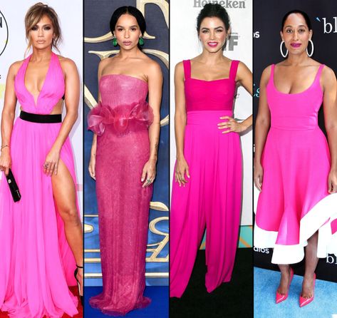 Celeb Hot Pink Dress Red Carpet Trend: Jennifer Lopez, More Pink Dress Red Carpet, Hot Pink Dress Outfit, Pink Holiday Dress, Pink Dress Makeup, Fuchsia Outfit, Hot Pink Party Dresses, Dress Red Carpet, Pink Dress Outfits, Dramatic Dresses