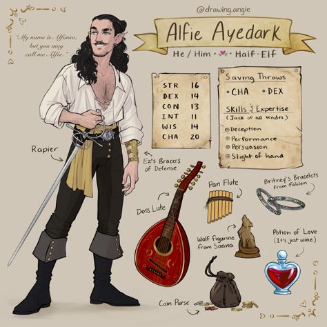 Dnd Bard Flute, D D Character Sheet, Half Elf Bard, Dnd Bard, Pan Flute, Half Elf, Character Sheet, Dnd Characters, Character Inspiration