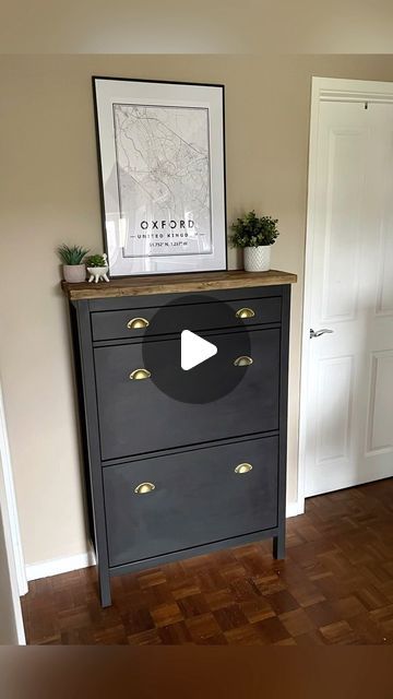 DIY Mum - Kayleigh Sherbourne on Instagram: "🖤 IKEA Shoe Cabinet Makeover 🖤

A simple but effective way to freshen up some old furniture. 

Preparation is key! Especially for IKEA furniture. Clean first and then sand the whole piece down with a 120 grit. 

I used ‘blackjack’ and ‘browning wax’ from @frenchicpaint for the finished look. Topped off with their clear wax for protection on the paint. #gifted 

#ikeahack #ikeashoecabinet #ikeahacks #shoestorage #diy #diywithme" Ikea Shoe Rack Hacks, Hemnes Shoe Cabinet Makeover, Shoe Cabinet Makeover, Hemnes Shoe Cabinet Hack, Ikea Hemnes Shoe Cabinet, Hemnes Shoe Cabinet, Ikea Shoe Cabinet, Ikea Shoe, Shoe Rack Entryway