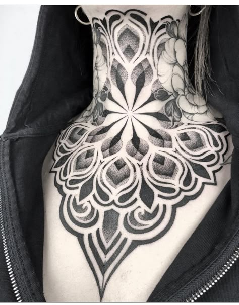 Geometric Throat Tattoo, Chest Neck Tattoo, Throat Tattoos, Neck Tattoos For Women, Full Neck Tattoos, Neck Tattoo Ideas, Backpiece Tattoo, Tattoo Dotwork, Throat Tattoo