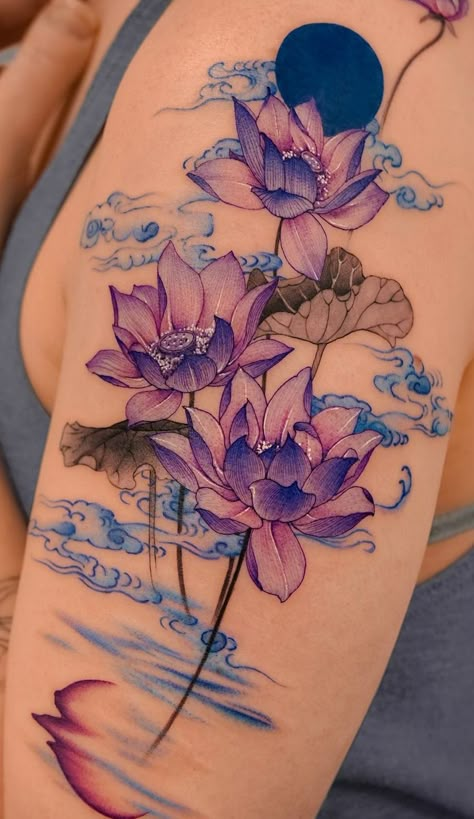 Red And Purple Tattoo, Purple And Black Tattoo, Orchid Forearm Tattoo, Japanese Colour Tattoo, Purple Ink Tattoos, Lotos Flowers Tattoo, Colored Sleeve Tattoo, Lotus Shoulder Tattoos For Women, Lotus Flower Tattoo Color