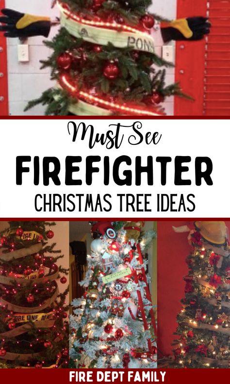 Firefighter Christmas trees aren't just a station tradition, they're a fun and festive way to celebrate the fire life in the holiday season. Check out these fun firemen inspired trees shown around the fire stations and homes. Patriotic Christmas Cards, Fire Department Christmas, Fire Department Decor, Firefighter Crafts, Firefighter Christmas, Firefighter Home Decor, Outdoor Christmas Diy, Firefighter Decor, Themed Christmas Tree