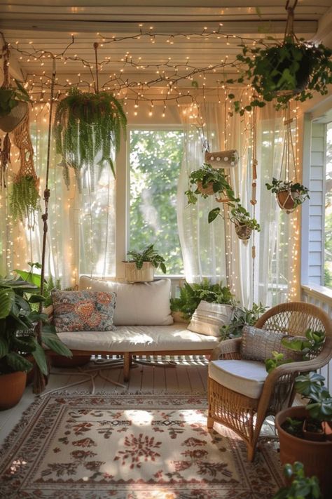 Hanging Plants Sunroom, Screened In Porch Boho, Sun Room Small Apartment, Cottage Sunroom Ideas, Fairy Cottage House Interior, Screened In Porch Decorating Ideas Boho, Dark Sunroom, Fairy Interior Design, Sunroom With Plants