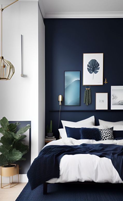 Blue Feature Wall Bedroom, Dark Blue Rooms, Navy Blue Bedroom, Navy Bedroom, Dark Blue Bedrooms, Navy Blue Bedrooms, Blue Bedroom Walls, Blue Bedroom Design, Blue Interior Design