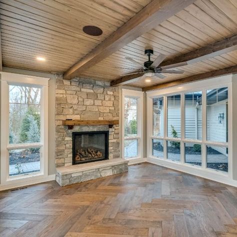 Sunroom Ceilings Ideas, Four Season Room With Fireplace, Sun Room Home Additions, 3 Season Porch Ideas On A Budget, Addition Ideas For House, Home Addition Ideas Extensions, Sunroom Ceiling Ideas, Living Room Addition Ideas, Home Additions Back Of House