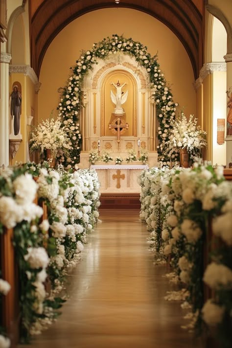 Church Wedding Decorations Aisle Altars Elegant White Altar Arrangements Wedding, Wedding Ceremony Ideas Simple, Christian Wedding Altar, Wedding Rustic Elegant, Catholic Church Wedding Aesthetic, Church Isle Wedding Ideas, Church Styling Wedding, Wedding In Church Aesthetic, Church Isles Decoration