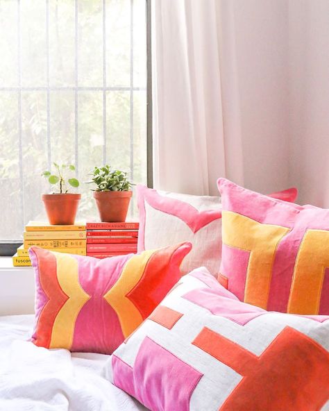 Groovy Office, Granddaughters Room, Orange Interiors, Geometric Applique, Artist Room, Cut Velvet Pillows, House Flip, Preppy Decor, French Apartment