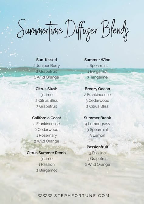 Summer Diffuser Blends, Summer Essential Oils, Doterra Diffuser Blends, Essential Oil Combinations, Doterra Essential Oils Recipes, Essential Oil Diffuser Blends Recipes, Young Living Essential Oils Recipes, Essential Oil Diffuser Recipes, Oil Diffuser Recipes