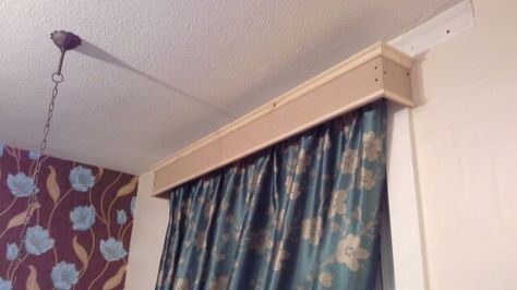 Hand made curtain rail cover. Curtain Rail Cover, Tv Riser, Curtain Rails, Wood Cover, How To Make Curtains, Cover Ideas, Diy Curtains, Girls Bedroom, Hand Made