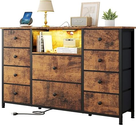 Amazon.com: LDTTCUK Dresser with Charging Station and LED Lights, Long Dresser for Bedroom Dresser TV Stand with 10 Drawers, Fabric Chest of Drawers, Wide Dresser Storage Organizer, Rustic Brown : Home & Kitchen Phone Lamp, Closet Hallway, Dresser Tv, Dresser Tv Stand, Long Dresser, Dresser With Tv, Fabric Dresser, Wide Dresser, Dresser For Bedroom