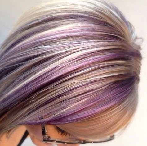 Bright Color Highlights For Blondes, Purple Hair With Blonde Highlights, White Hair With Purple Highlights, Blonde Hair With Purple Streaks, Dark Purple Hair With Blonde, Purple Lowlights, Purple Hair Highlights Blonde, Purple Highlights Blonde Hair, Purple Hair Streaks