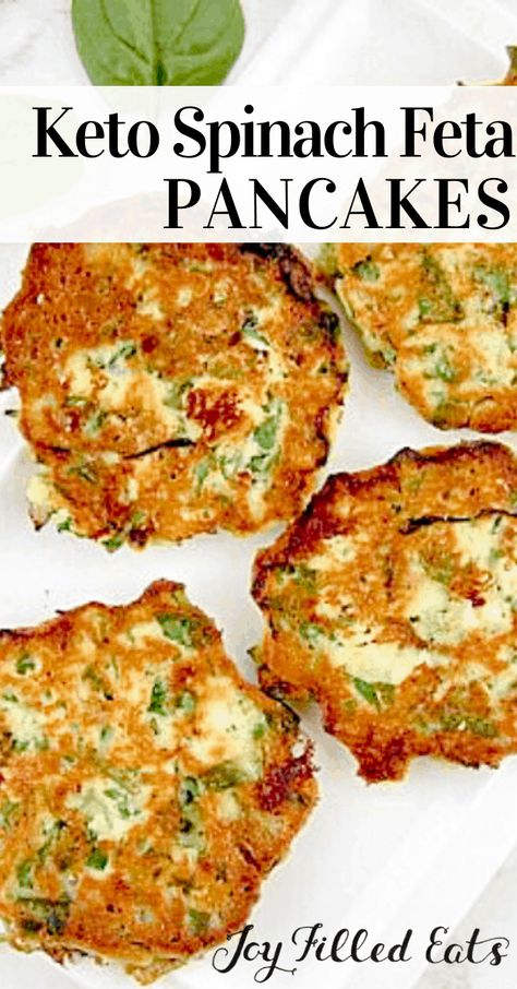 Spinach Feta Pancakes - Low Carb, Keto, THM S, Grain-Free, Gluten-Free - These spinach feta savory pancakes make a great low carb breakfast for those with a savory palate. They also make a healthy light lunch or a unique addition to Sunday or Easter brunch! Spinach and feta make a great flavor combination and can be served as a pancake filling. Here, I wanted to try something different and use these ingredients as part of the pancake batter to make a hearty vegetarian breakfast. Breakfast Spinach, Healthy Light Lunches, Pancakes Low Carb, Spinach Pancakes, Spinach Feta, Joy Filled Eats, Savory Pancakes, Keto Pancakes, Recetas Keto