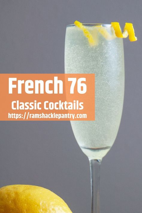 The French 75 and French 76 are classic champagne cocktails with a kick. Perfect for a brunch treat, a special occasion, or just for fun. Either use vodka or gin to make this delicious drink recipe today. French 75 With Vodka, French 76 Cocktail Recipe, Vodka Champagne Cocktail, French 76, French 75 Recipe, French 75 Cocktail Recipes, Hard Drinks, French Dinner, French 75 Cocktail