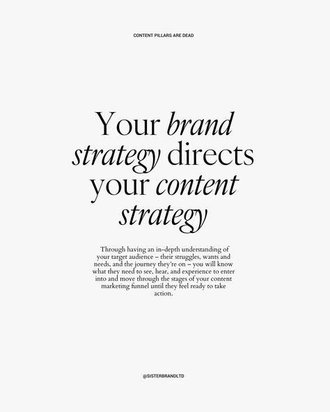 I am going to give you a little content pillar reality check… ⁠ ⁠ We need to say goodbye to the generic content pillars 👋🏼 Yes and I am talking:⁠ ⁠ - Educational⁠ - Inspirational⁠ - Entertain⁠ (and any others)⁠ ⁠ Because they are killing your content.⁠ ⁠ If your content pillars focus solely on educating, inspiring, and entertaining your audience, you're missing the crucial element of showing them what they need to see, hear, and experience to drive sales.⁠ ⁠ Swipe to find out what your conten... Brand Identity Board, Content Pillars, Branding Content, Social Media Marketing Content, Social Media Marketing Business, Brand Strategist, Instagram Feed Ideas, To Say Goodbye, Branding Design Inspiration