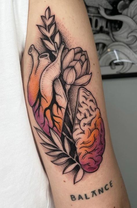 120 Stunning Tattoos By Mateusz Wojtak - TheTatt Brain Surgery Tattoo, Heart And Brain Scale Tattoo, Social Work Tattoo, Tattoo Design Drawings Unique, Cerebro Dibujo, Heart And Brain Tattoo, Neotrad Tattoos, Owl Feather Tattoos, Red Heart Tattoo