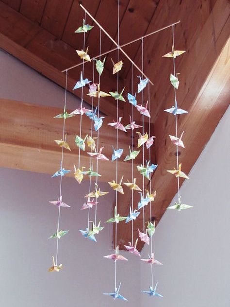 DIY Origami Crane Mobile  Another pinner said they made it themself with 56 cranes Origami Crane Art, Origami Curtain, Paper Crane Mobile, 1000 Paper Cranes, Crane Mobile, Origami Decoration, Paper Cranes, Birthday Gifts For Boyfriend Diy, Boyfriend Diy