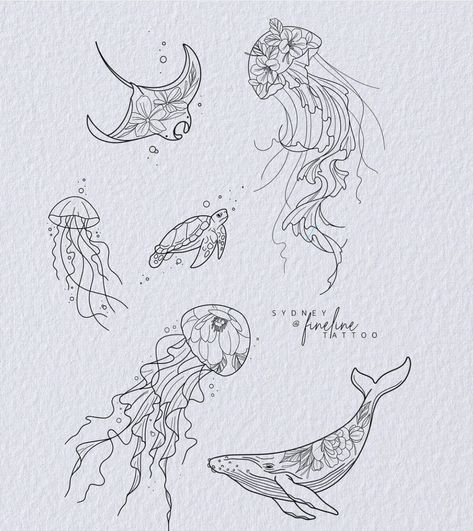 coastal tattoos Ocean Linework Tattoo, Sea Based Tattoos, Seahorse Drawing Tattoo, Summer Love Tattoo, Coastal Tattoo Ideas, Sea Inspired Tattoo, Fineline Patchwork Sleeve, Ocean Art Aesthetic, Cute Sleeve Tattoos