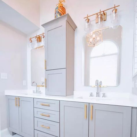 Gold Hardware Bathroom, Chrome Bathroom Fixtures, Taupe Bathroom, Grey Bathroom Cabinets, Master Bath Renovation, Silver Bathroom, White Bathroom Cabinets, Grey Bathroom Vanity, Bath Renovation