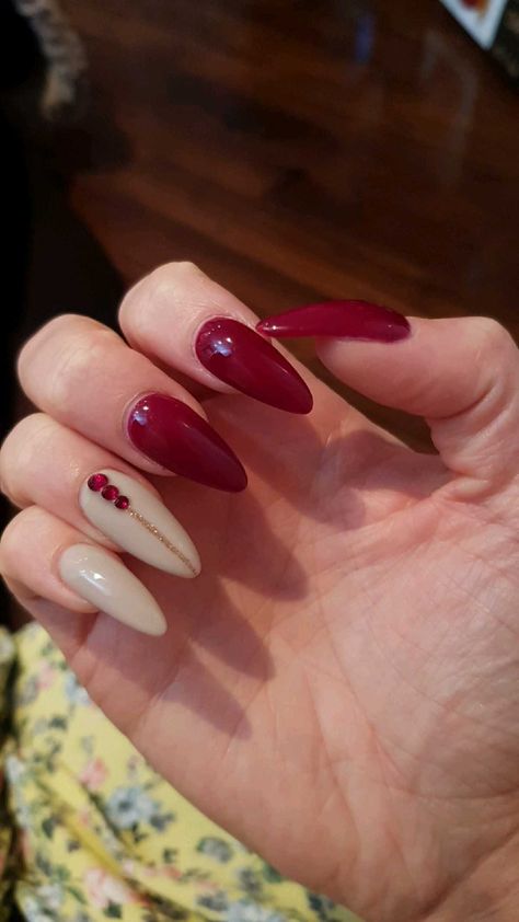 #burgundy #beige #gems#almond Nails Design Red, Nails Beige, Beige Nail, Beige Nails Design, Long Almond Nails, Long Almond, Beige Nails, Red Jewel, Red Nail Designs