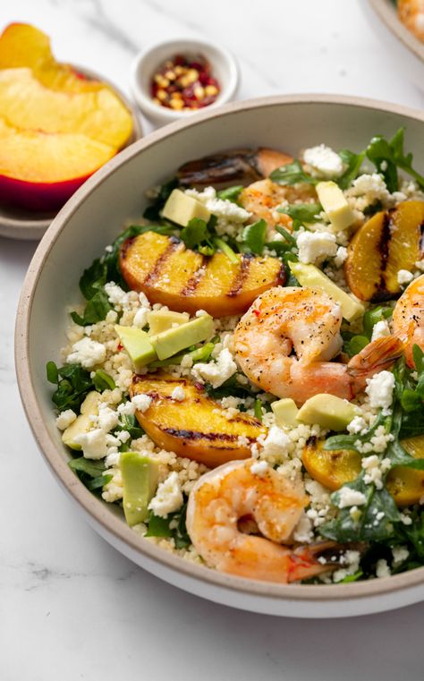 Couscous Bowls, Shrimp Couscous, Mediterranean Couscous Salad, Mediterranean Couscous, Vegetarian Mains, Spiralizer Recipes, Grilled Peaches, Couscous Salad, Zucchini Pasta