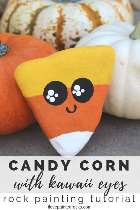 This is such a cute and easy Halloween rock painting idea! This cute candy corn painted rock is adorable. The video tutorial shows you how to make it and how to paint a cute kawaii style face. #ilovepaintedrocks #paintedrocks #rockpainting #rockart #halloweencrafts #halloween #pumpkin #tutorial #kawaii #kidscraft #candycorn #kidsart #fallcrafts Halloween Rock Painting Ideas Easy, Cute Rock Painting Ideas Easy, Love Painted Rocks, Halloween Rock Painting Ideas, Halloween Rock Painting, Rock Painting Idea, Corn Painting, Candy Corn Crafts, Folded Flag