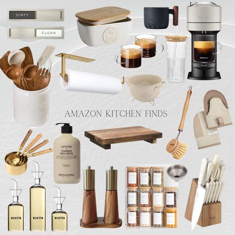 Amazon Kitchen Aesthetic, Aesthetic Kitchen Must Haves, Amazon Finds House Decor, Apartment Needs Amazon, Organic Modern Apartment Kitchen, Kitchen Cookware Aesthetic, Japandi Amazon Finds, Kitchen Decorating Ideas Black And White, Amazon Home Inspiration