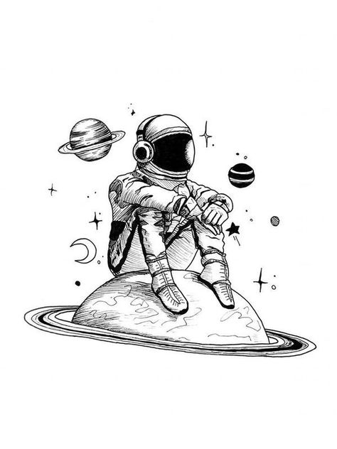 Astronaut Sitting On Planet Tattoo, Astronaut Ink Drawing, Astronaut In Space Drawing, Edm Tattoo Ideas, Spaceman Drawing, Space Arm Tattoo, Spaceman Tattoo, Astronaut Doodle, Astronaut Sketch