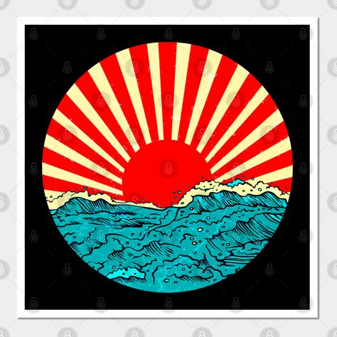 Japanese Rising Sun -- Choose from our vast selection of art prints and posters to match with your desired size to make the perfect print or poster. Pick your favorite: Movies, TV Shows, Art, and so much more! Available in mini, small, medium, large, and extra-large depending on the design. For men, women, and children. Perfect for decoration. Japanese Sun Art, Okinawa Tattoo, Rising Sun Tattoos, Japanese Rising Sun, Rising Sun Flag, Japanese Sun, Sunshine Tattoo, Sun Tattoo Designs, Sunset Tattoos