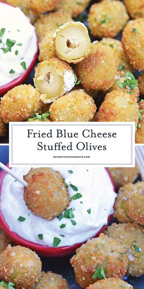 Stuffed Olives Recipe, Blue Cheese Olives, Blue Cheese Stuffed Olives, Fried Olives, Stuffed Olives, Best Party Appetizers, Olive Recipes, Cheese Stuffed, Easy Appetizer Recipes