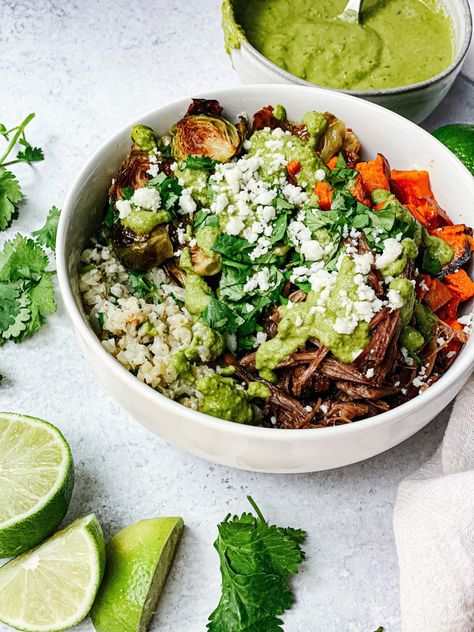 Roasted Veggie Bowl with Shredded Beef and Chimichurri Sauce - Plum Street Collective Meals With Chimichurri Sauce, Roast Veggie Bowl, Chimichurri Bowl Recipe, Meat Bowls Healthy Recipes, Chimichurri Beef, Chimichurri Rice Bowl, Trader Joes Chimichurri Sauce Recipes, Shredded Beef Bowls Healthy, Veggie Prep