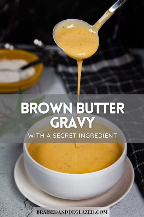 A brown butter gravy that uses caramelized cream to increase the brown butter aroma in the sauce. Perfect for holiday dinner or smothered over creamy mashed potatoes. #christmasrecipes #gravy #sauce #brownbutter Butter Gravy Recipe, Butter Gravy, Easy Brown Gravy, Turkey Sauce, Homemade Gravy Recipe, Gravy For Mashed Potatoes, Potato Sauce, Easy Gravy Recipe, Thanksgiving Gravy