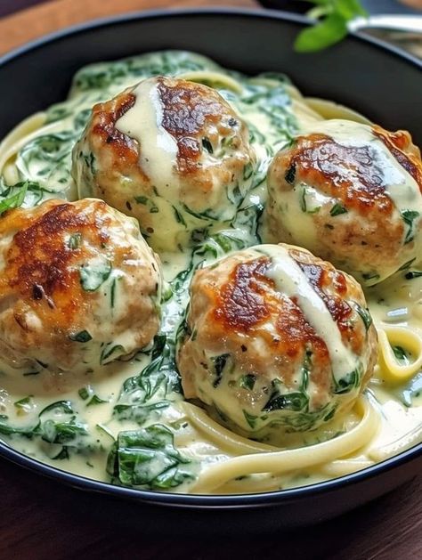 Valerie Bertinelli Recipes 👩‍🍳🥣 | 🍗🧀 Chicken Ricotta Meatballs with Spinach Alfredo Sauce 🌿🍝 Americas Test Kitchen Recipes, Chicken Ricotta Meatballs, Spinach Alfredo Sauce, Meatballs With Spinach, Gordon Ramsay Dishes, Chicken Ricotta, Alfredo Sauce Easy, Ricotta Meatballs, Spinach Alfredo