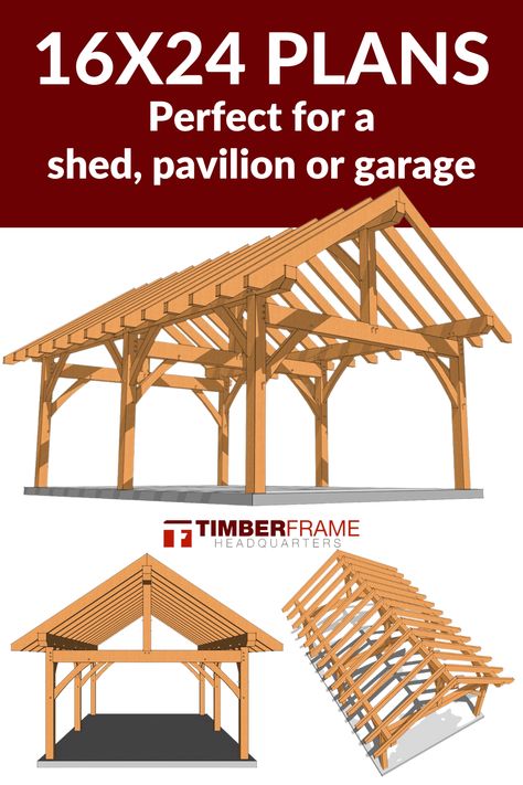 16x24 Plans for a Shed, Pavilion or Garage. This is the perfect timberframe plan for a 16x24 building. You can make this into a timberframe pavilion, timberframe shed or timberframe garage. Grab your timberframe instant plans right now. Pavilion Plans Diy, Pergola Building Plans, Farmhouse Carport Ideas, Timber Frame Pergola Plans, Timber Frame Garage, Pole Barn Plans, Timber Frame Plans, Timber Frame Pavilion, Pavilion Plans