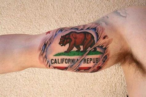 100 California Tattoo Designs For Men - Pacific Pride Ink Ideas California State Tattoos, California Bear Tattoos, New California Republic, Cali Tattoo, Ripped Skin Tattoo, State Tattoos, Bear Tattoo Designs, California Tattoo, Mother Nature Tattoos