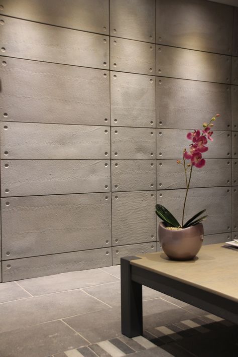 Modern, sleek, durable and contemporary off shutter cladding in plain grey. Ideal for any business or home wall area. Industrial Wall Panel, Cement Wall Ideas Indoor, Concrete Wall Design, Concrete Wall Tiles, Concrete Board, Concrete Wall Panels, Industrial Style Bathroom, Brick Decor, Small Apartment Interior