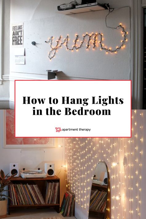 Check out twelve creative ideas for hanging lights in the bedroom, from renter-friendly pendants to string light decor. How To Hang String Lights Indoor, Lights In Bedroom Ideas, Bedroom String Lights, Fairy Lights On Wall, Hanging Bedroom Lights, Christmas Lights In Bedroom, Bedroom Nook, String Lights In The Bedroom, Hanging String Lights