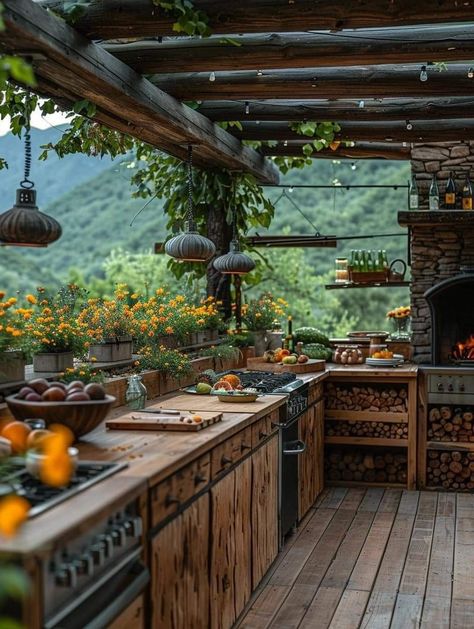 Homesteading Aesthetic Kitchen, Stone And Wood Kitchen, Tiny Home With Outdoor Kitchen, Luxury Homestead, Backyard Food Garden Aesthetic, Small Farm Asthetic, Homesteading Aesthetic, Cottage Core Vegetable Garden, Homestead Home